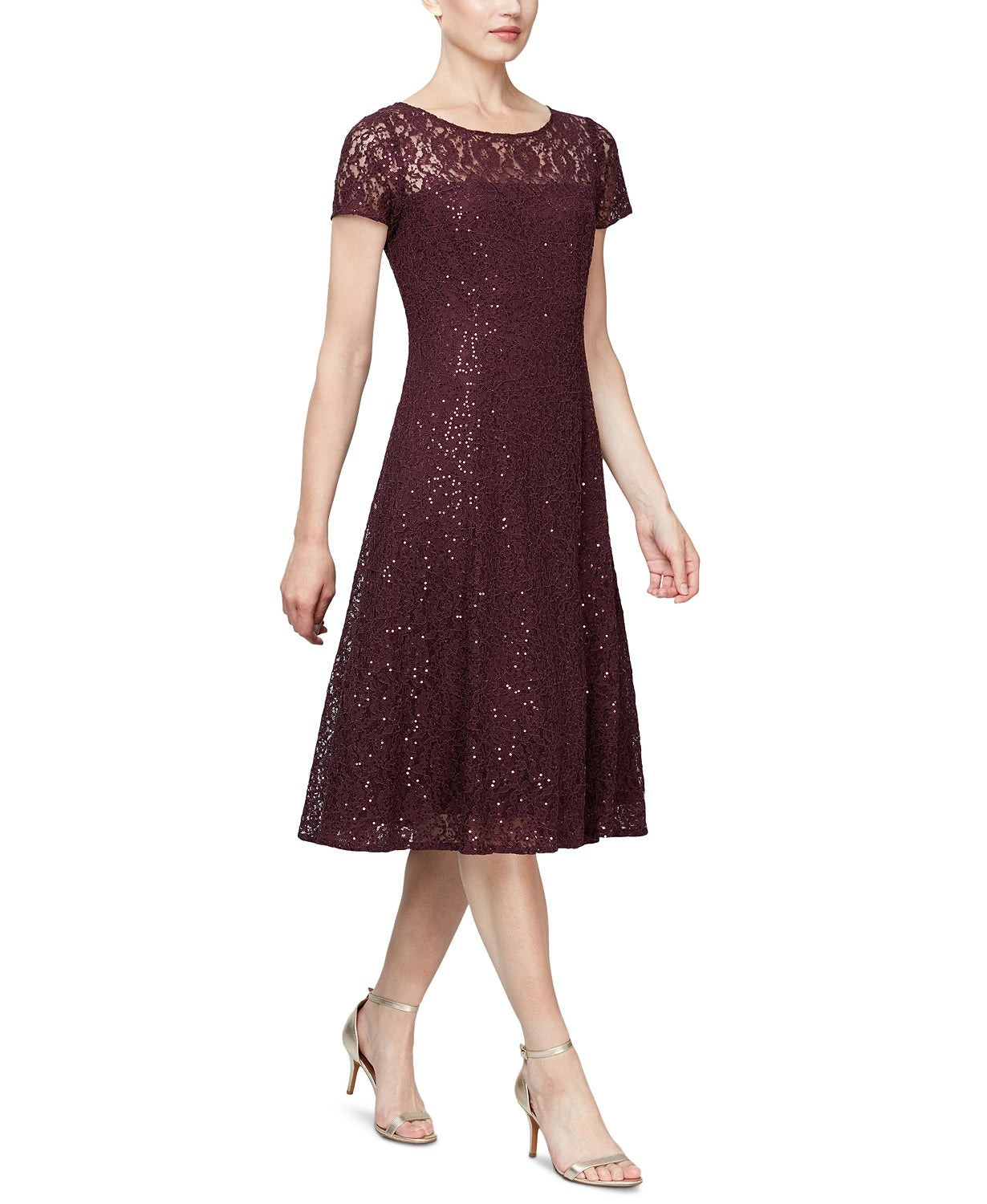 Vestido midi de renda com lantejoulas SL Women's Fashions, vinho, tamanho 8