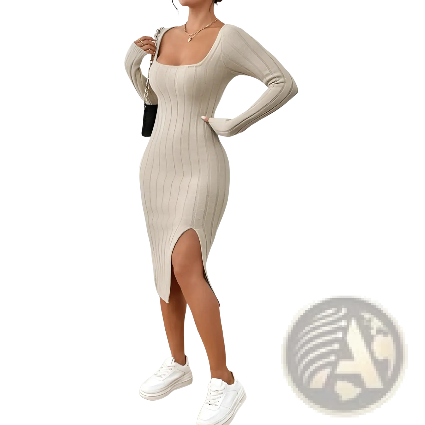 Square Neck Ribbed Knit Midi Dress with Side Slit