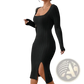 Square Neck Ribbed Knit Midi Dress with Side Slit