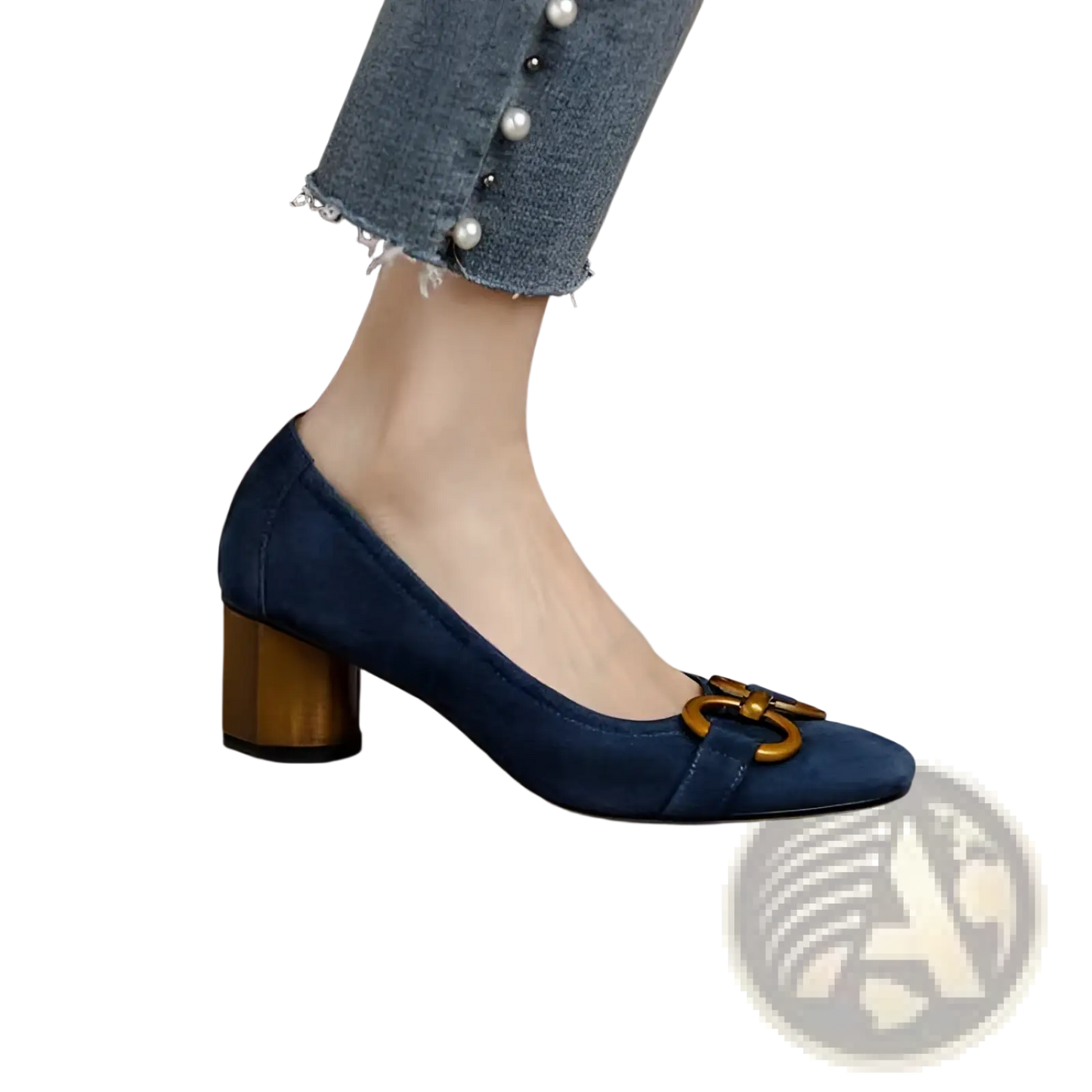 Square Toe Leather Pumps with Gold Buckle Detail