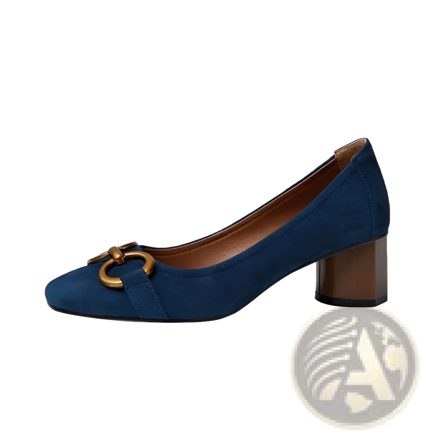 Square Toe Leather Pumps with Gold Buckle Detail