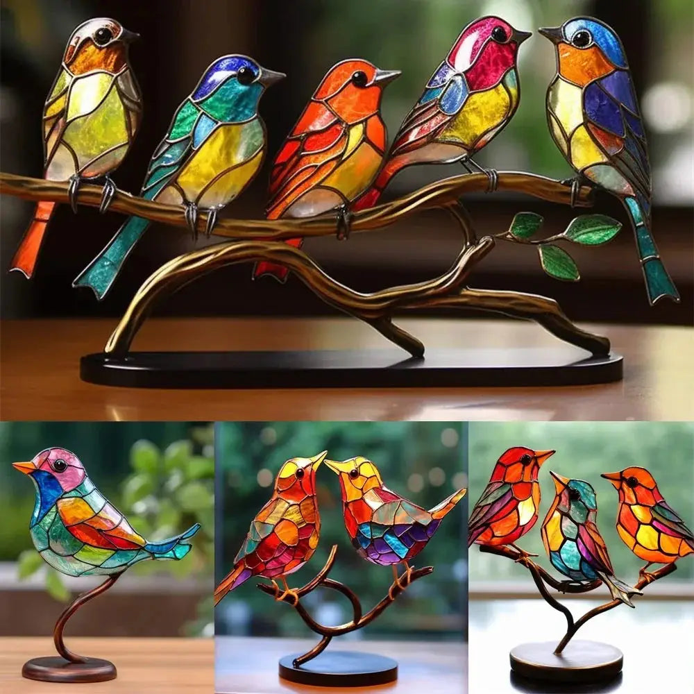 Vibrant Stained Glass Birds on Branch Figurine Home Decor