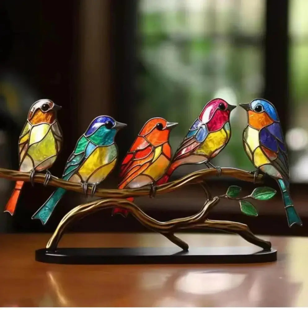Vibrant Stained Glass Birds on Branch Figurine Home Decor