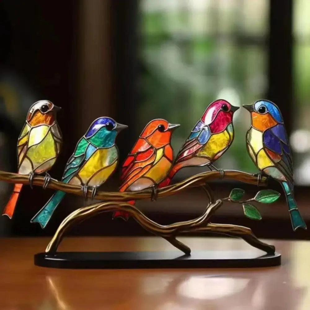 Vibrant Stained Glass Birds on Branch Figurine Home Decor