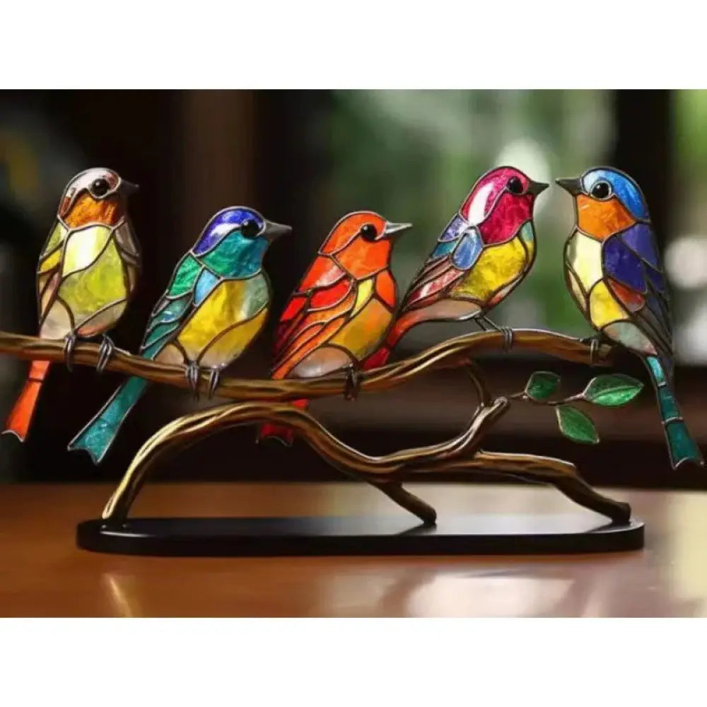 Vibrant Stained Glass Birds on Branch Figurine Home Decor
