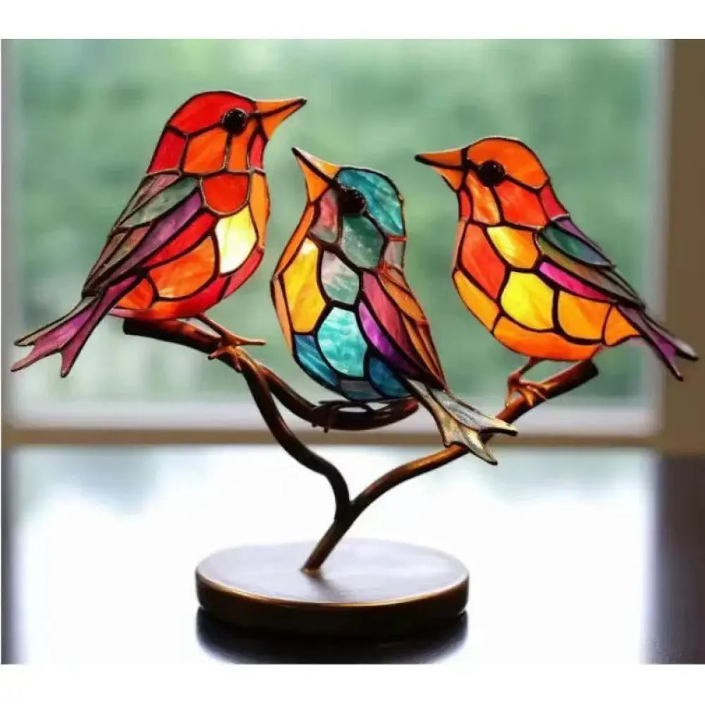 Vibrant Stained Glass Birds on Branch Figurine Home Decor