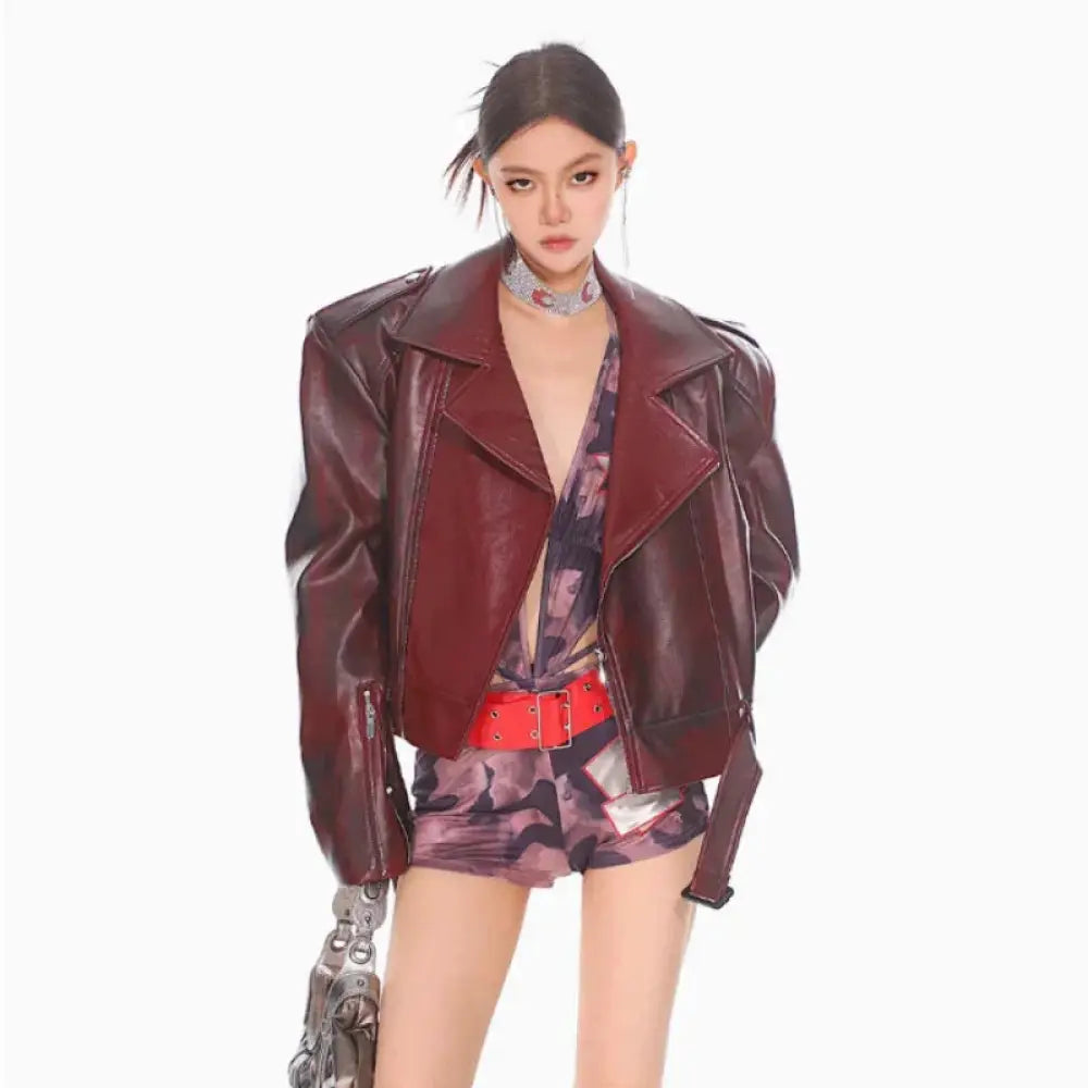 Glossy Burgundy Stand Collar Leather Moto Jacket