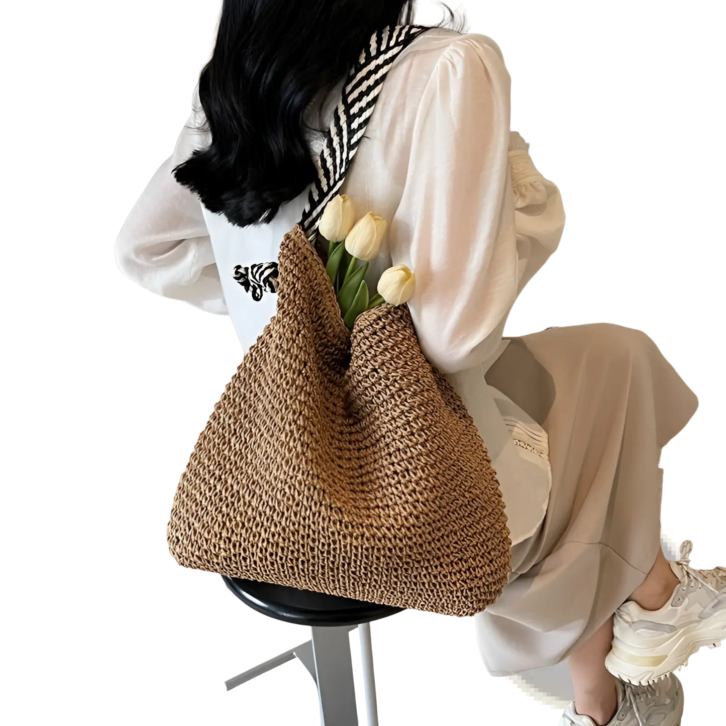 Straw Tote Bag with Striped Bow Handles