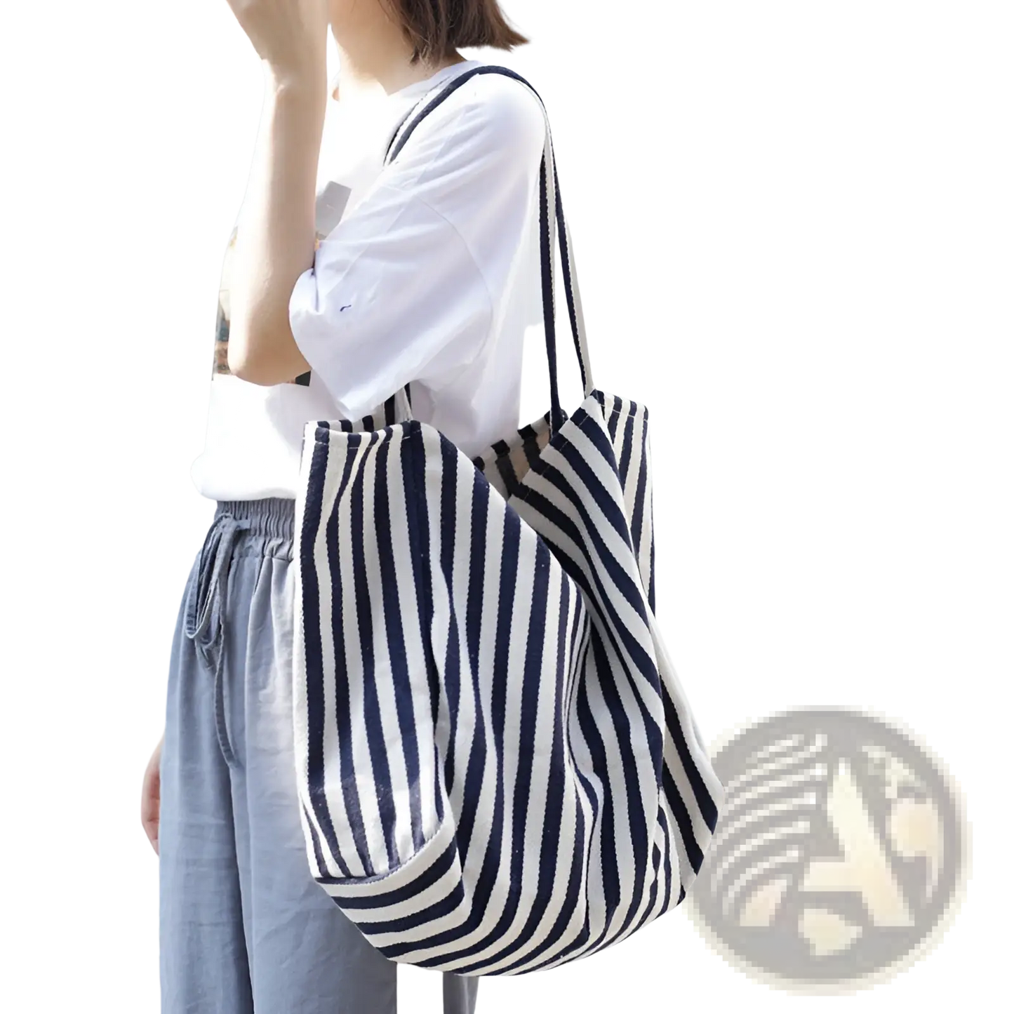 Striped Canvas Tote Bag High Capacity Shoulder Bag