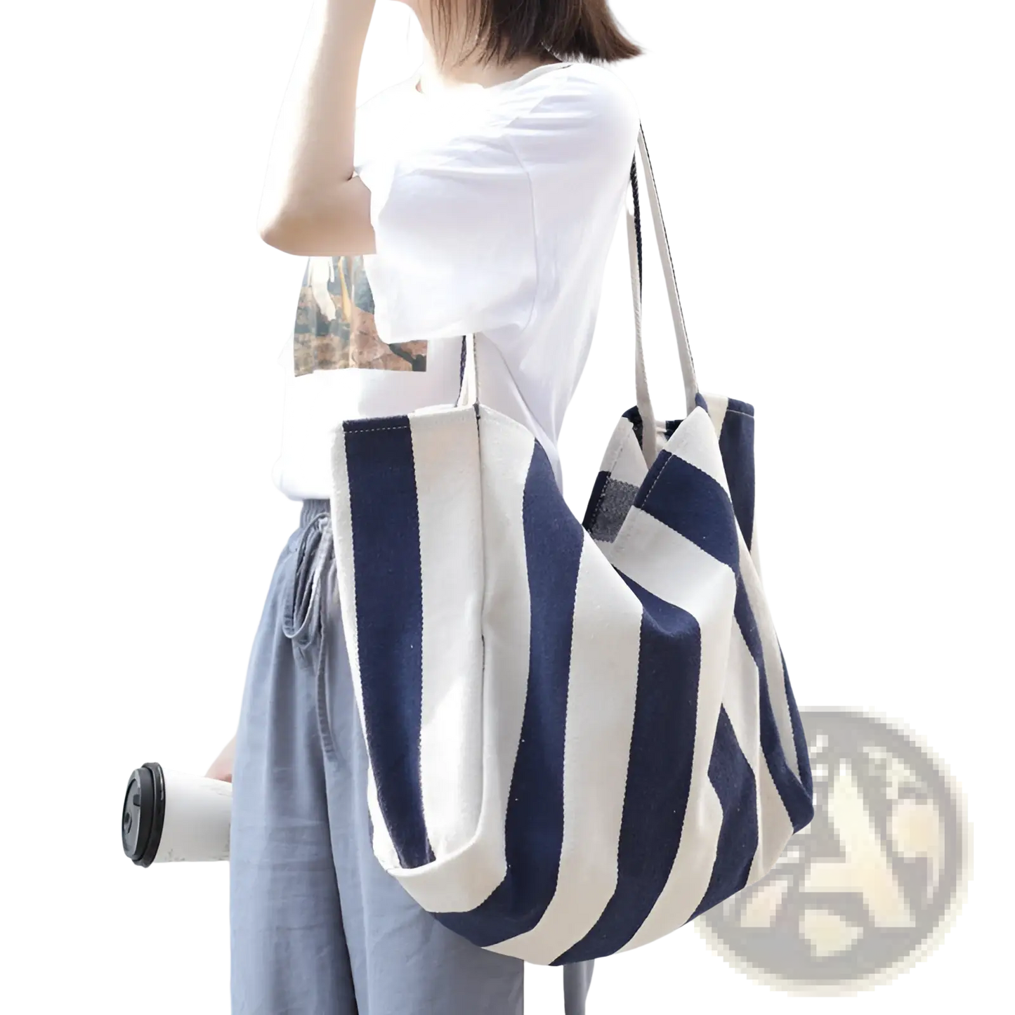 Striped Canvas Tote Bag High Capacity Shoulder Bag
