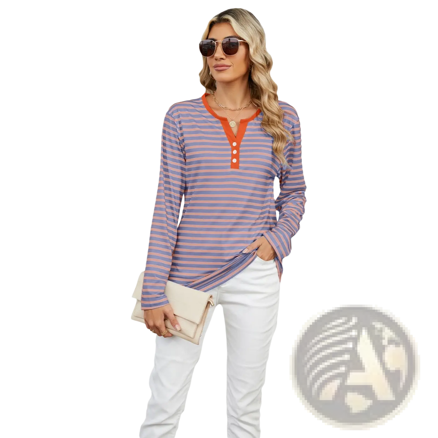 Striped Contrast Henley Long Sleeve v Neck t Shirt