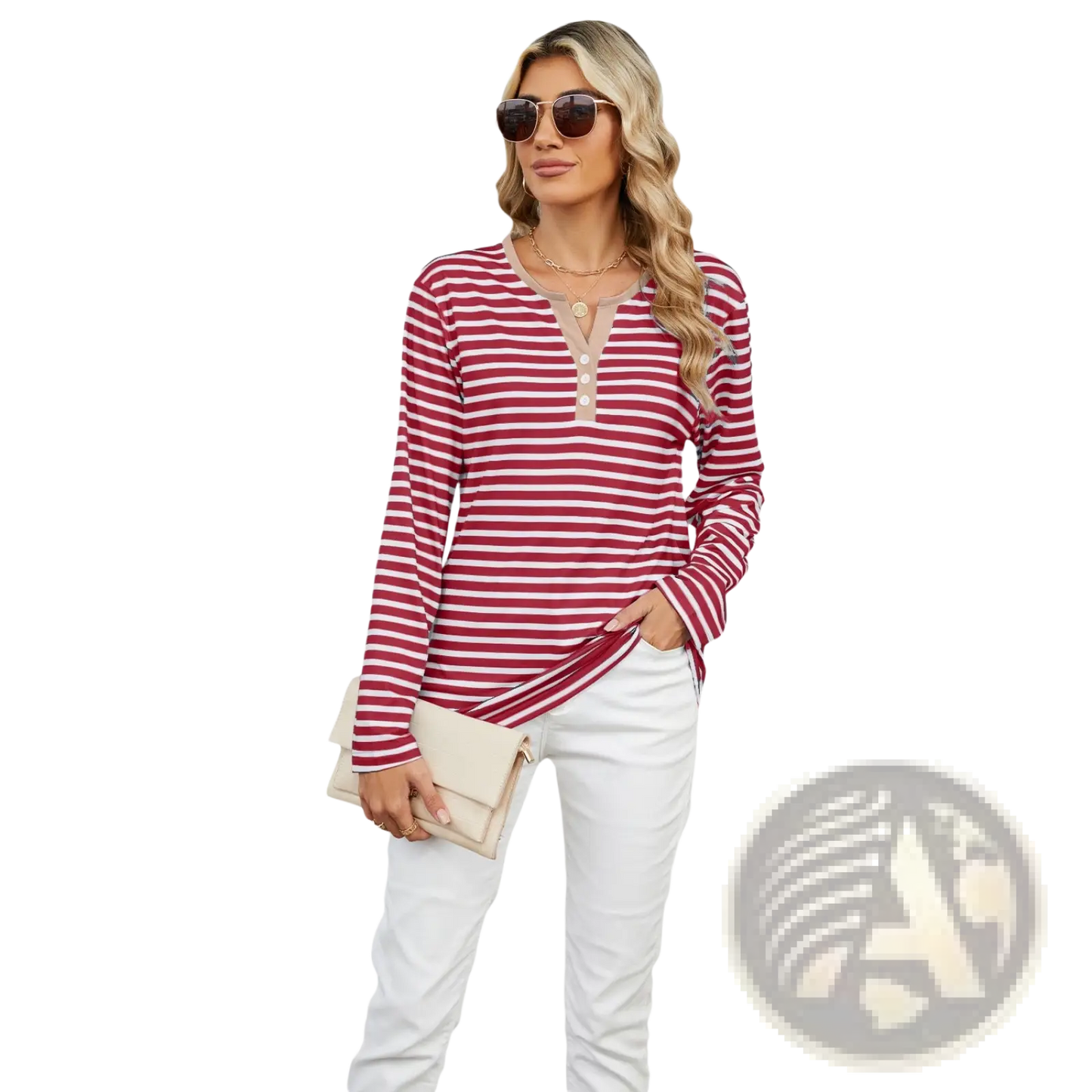 Striped Contrast Henley Long Sleeve v Neck t Shirt