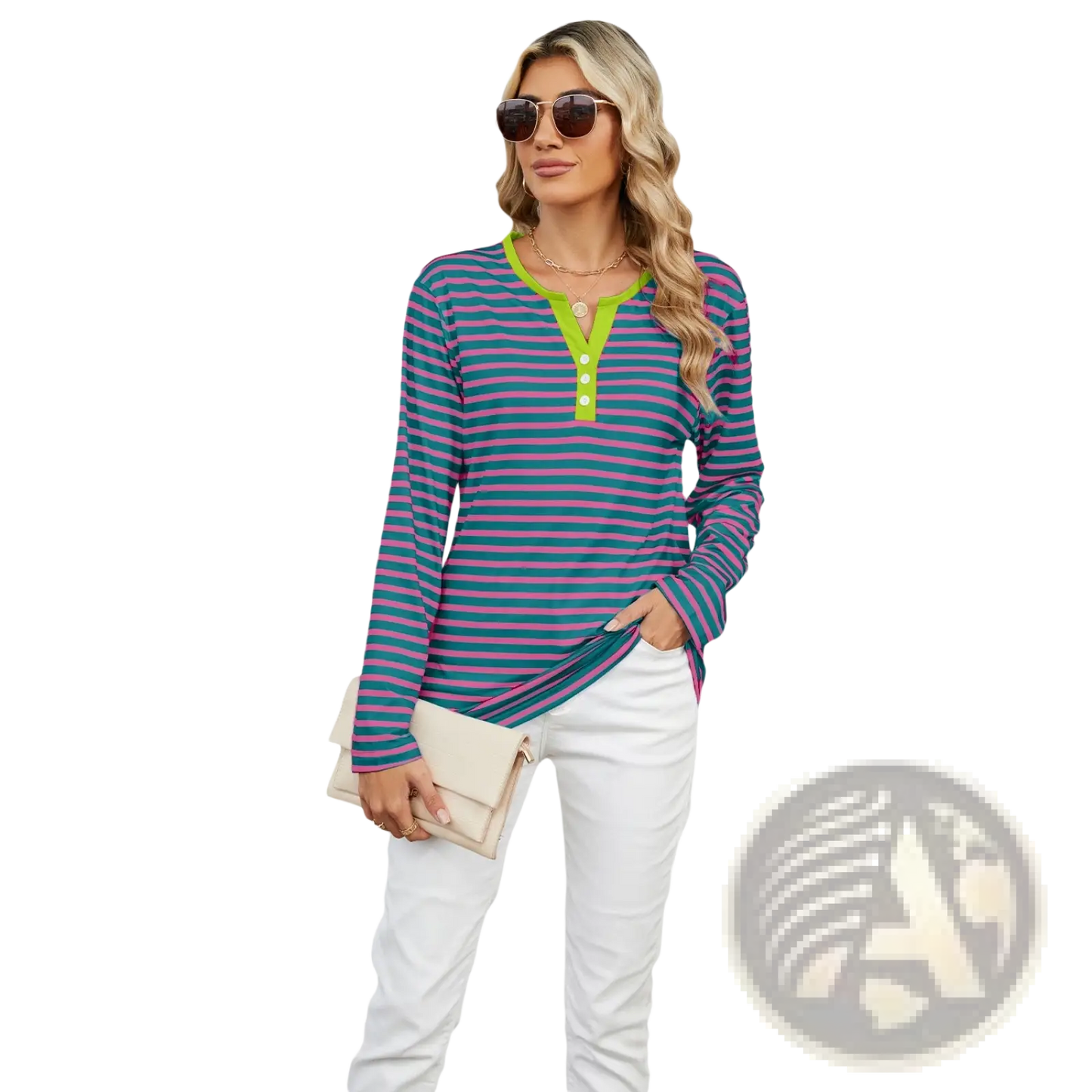 Striped Contrast Henley Long Sleeve v Neck t Shirt