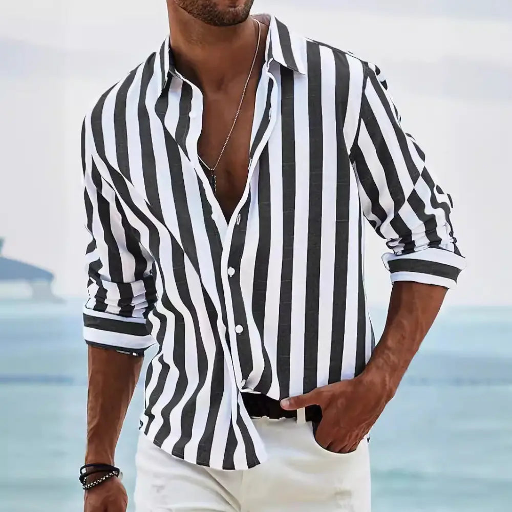 Men's Loose Fit Vertical Striped Long Sleeve Casual Shirt