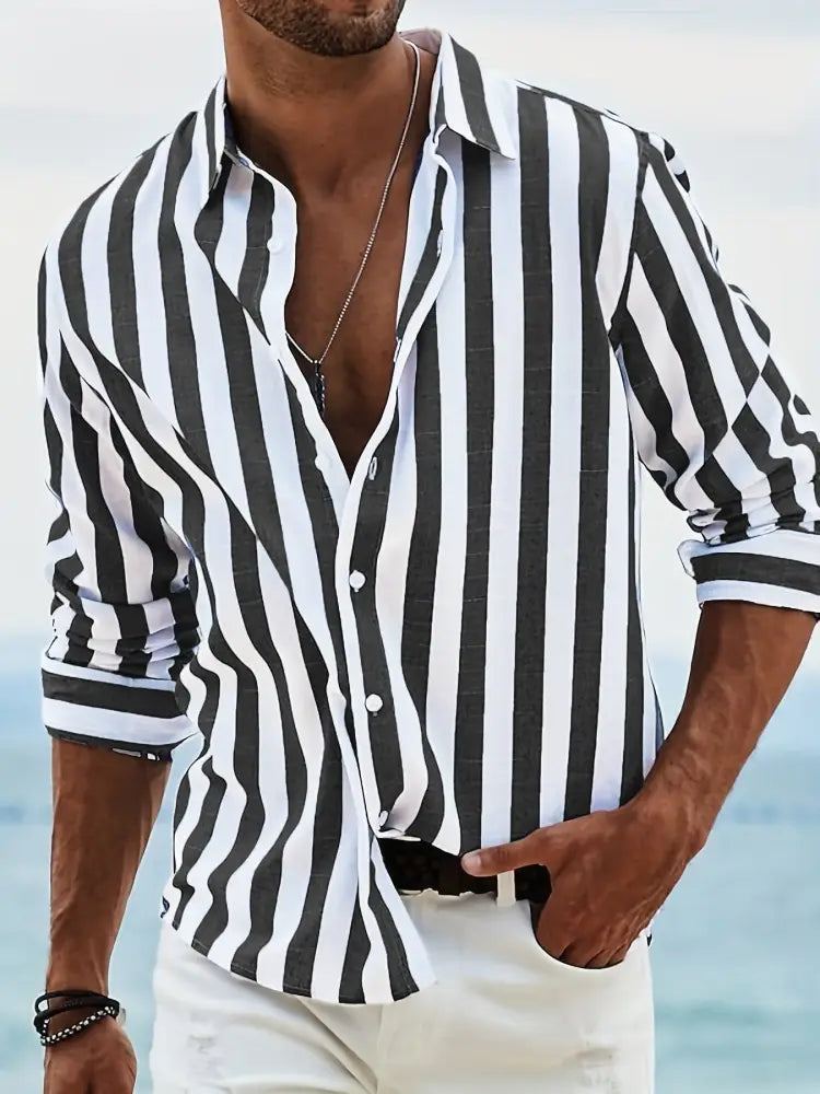 Men's Loose Fit Vertical Striped Long Sleeve Casual Shirt