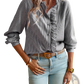 Striped Ruffle Stand Collar Textured Blouse
