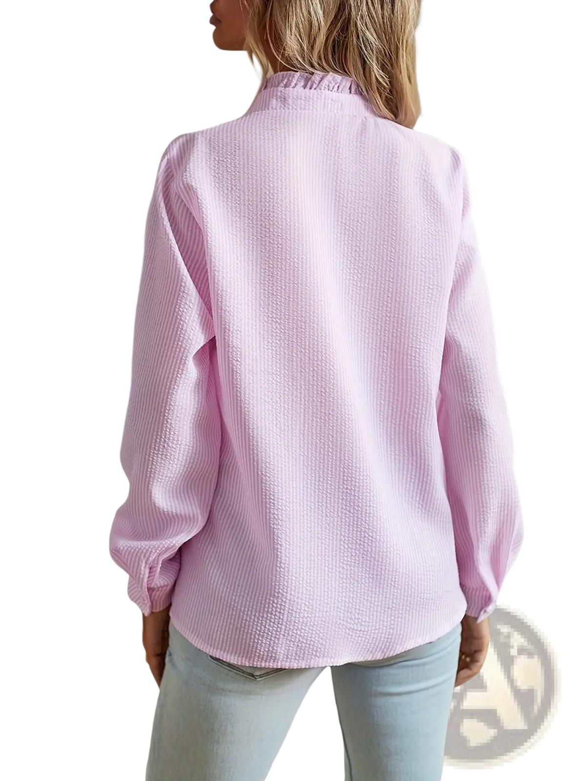 Striped Ruffle Stand Collar Textured Blouse