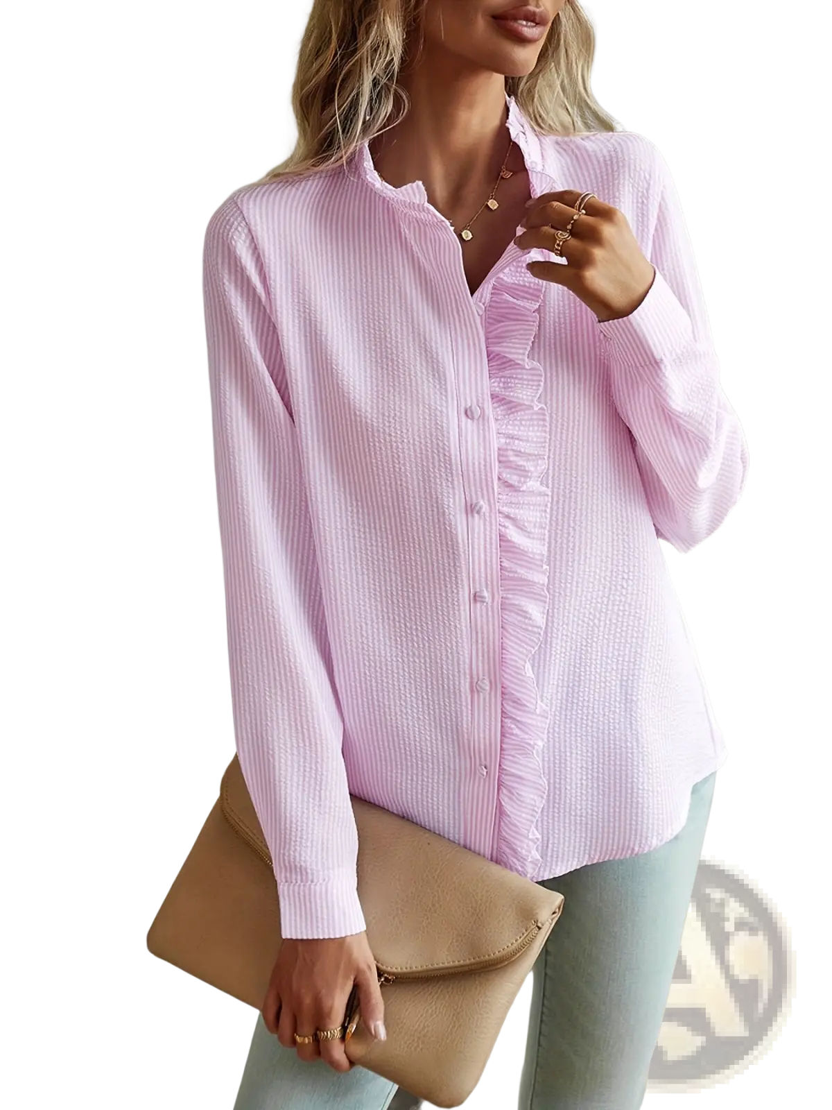 Striped Ruffle Stand Collar Textured Blouse