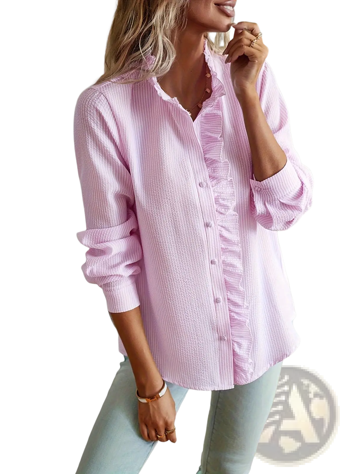 Striped Ruffle Stand Collar Textured Blouse