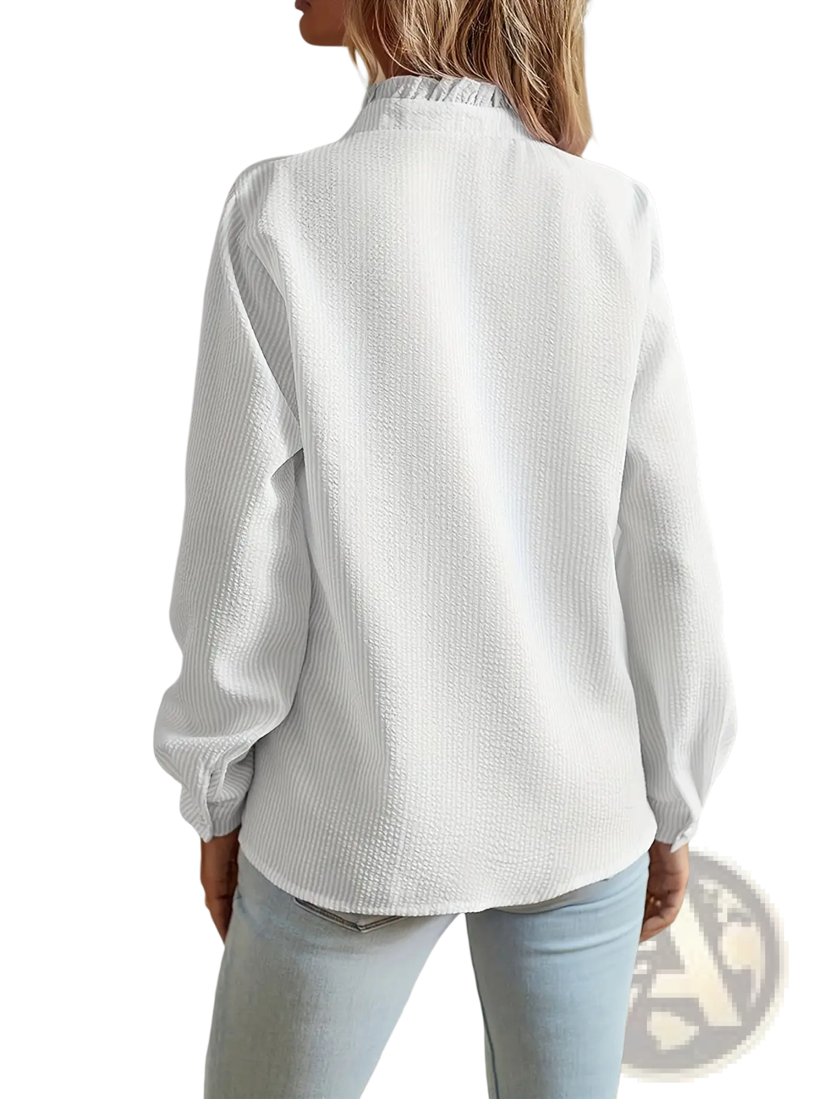 Striped Ruffle Stand Collar Textured Blouse