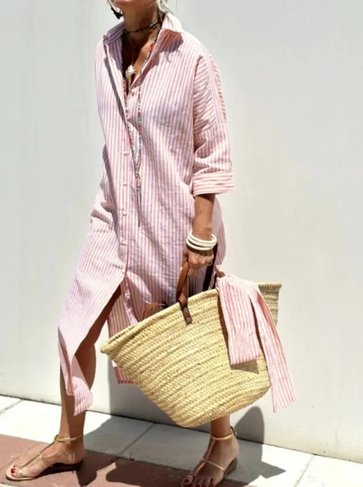 Striped Linen Belted Lapel Shirt Dress