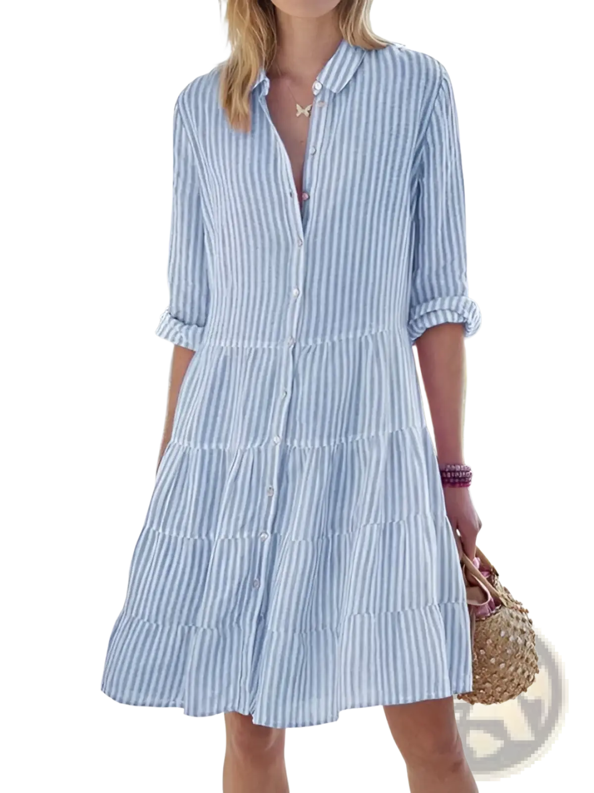 Striped Tiered Ruffle Shirt Dress with Lapel Collar