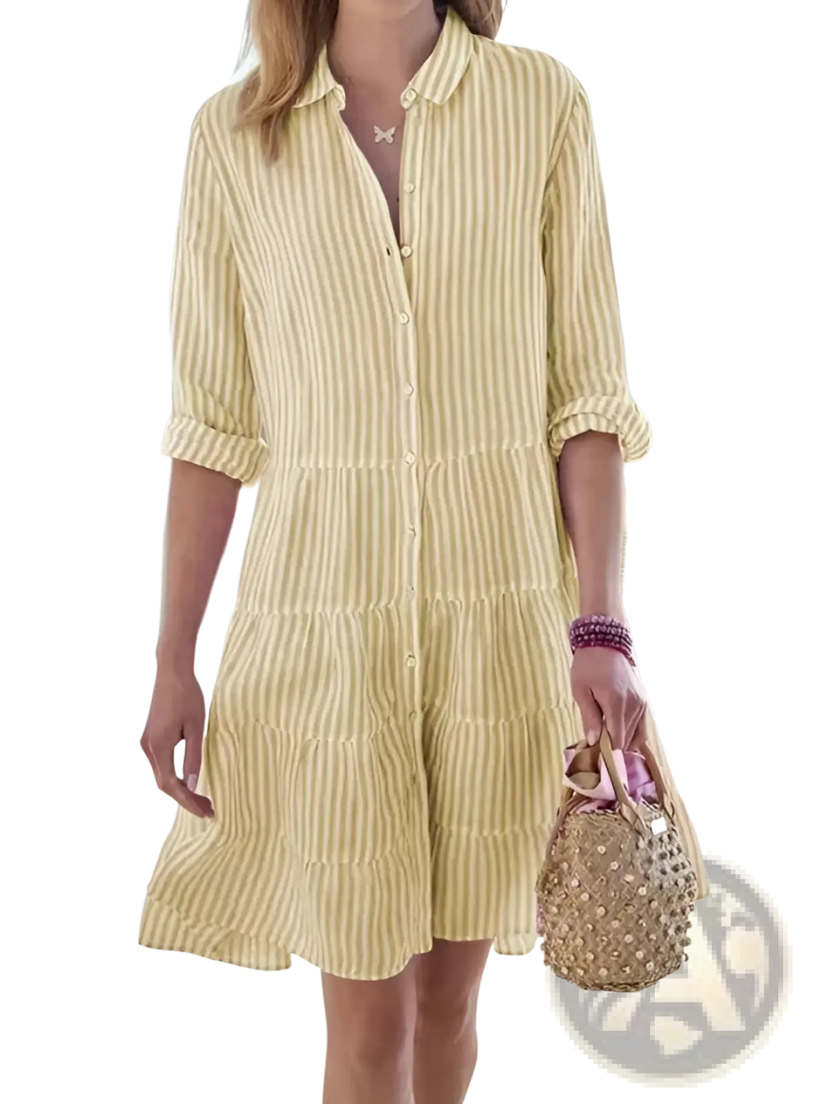 Striped Tiered Ruffle Shirt Dress with Lapel Collar