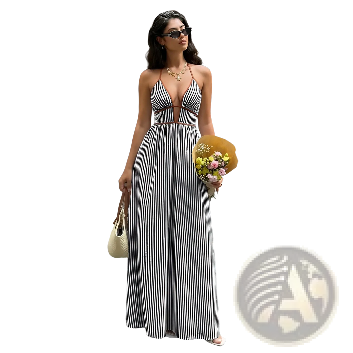 Striped v Neck Tie Back Summer Maxi Dress