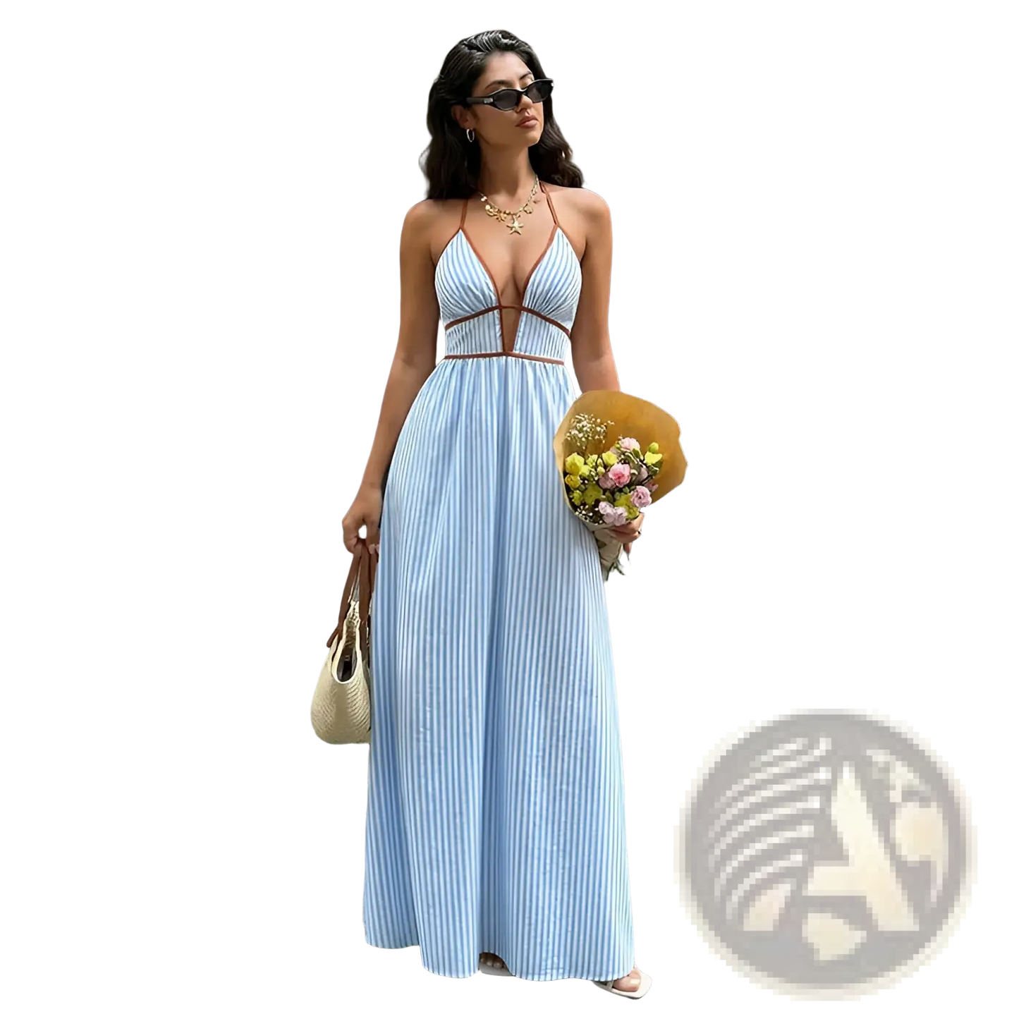Striped v Neck Tie Back Summer Maxi Dress