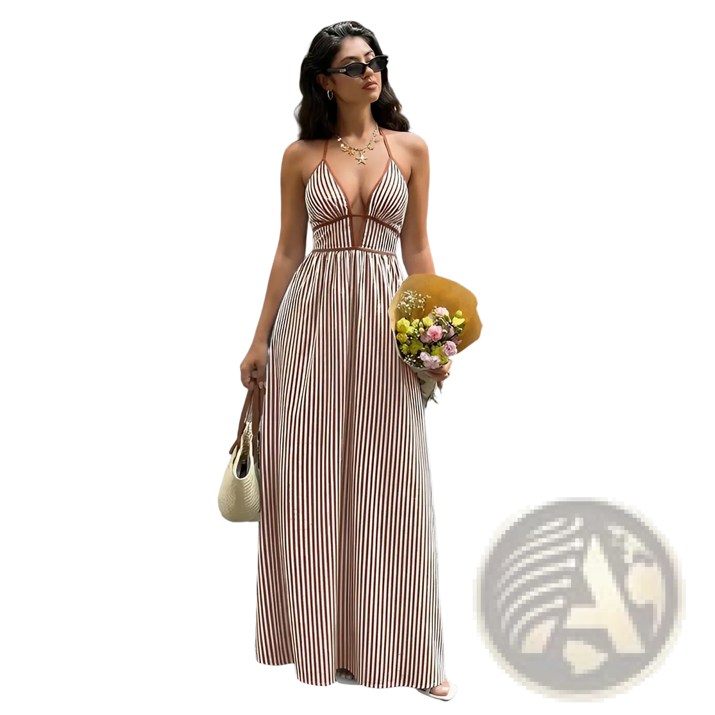 Striped v Neck Tie Back Summer Maxi Dress