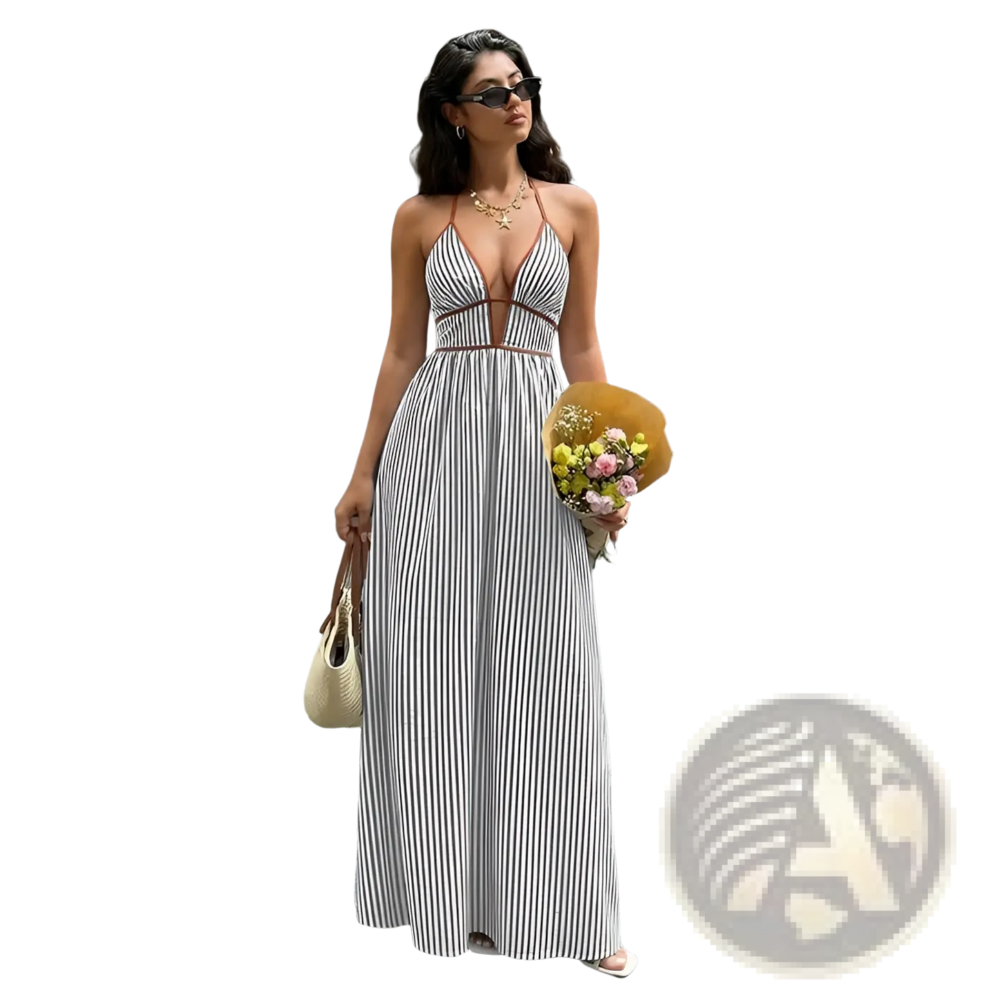 Striped v Neck Tie Back Summer Maxi Dress