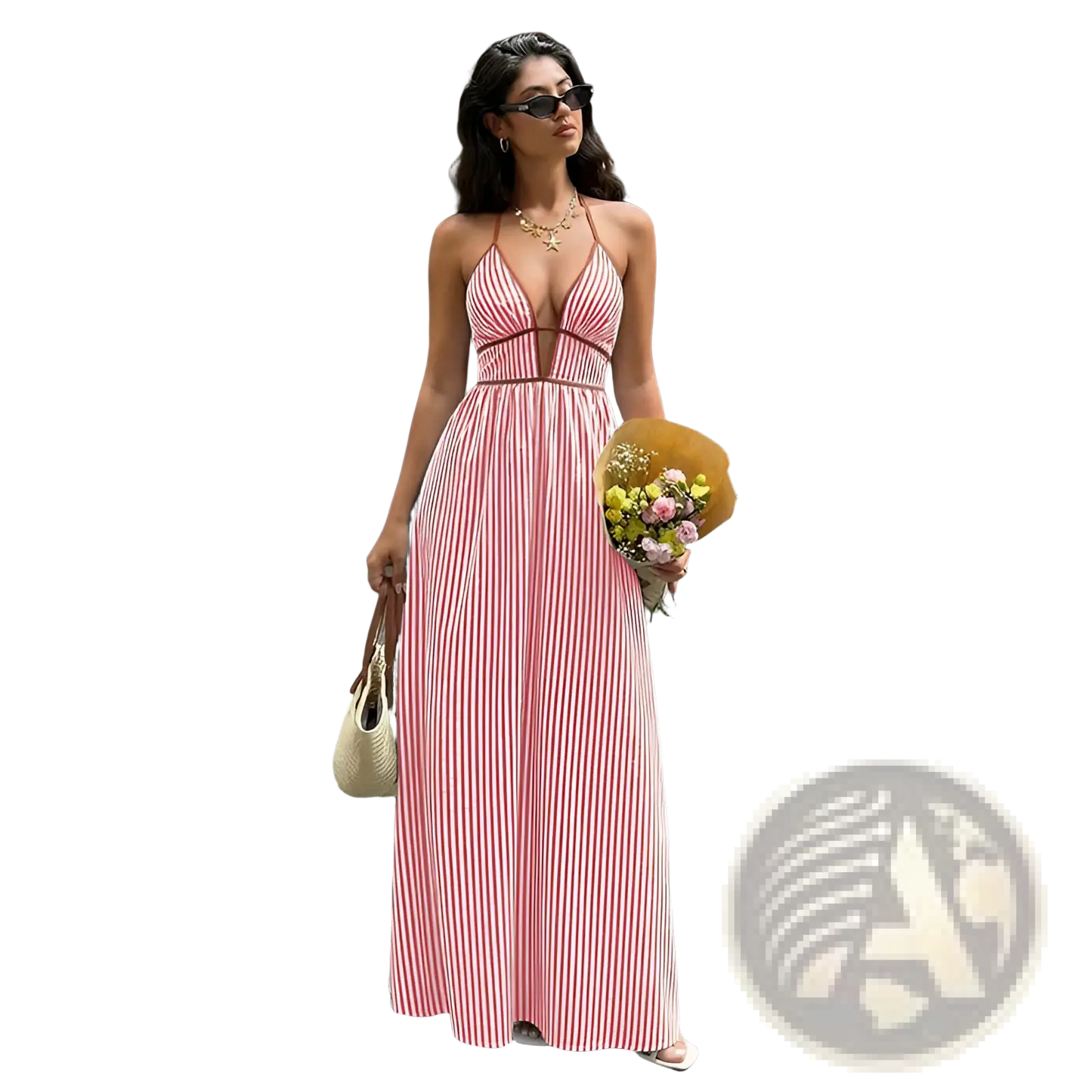 Striped v Neck Tie Back Summer Maxi Dress