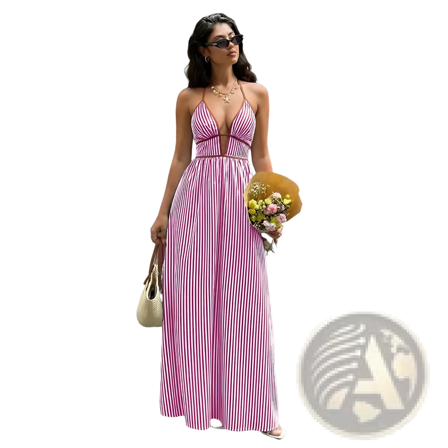 Striped v Neck Tie Back Summer Maxi Dress