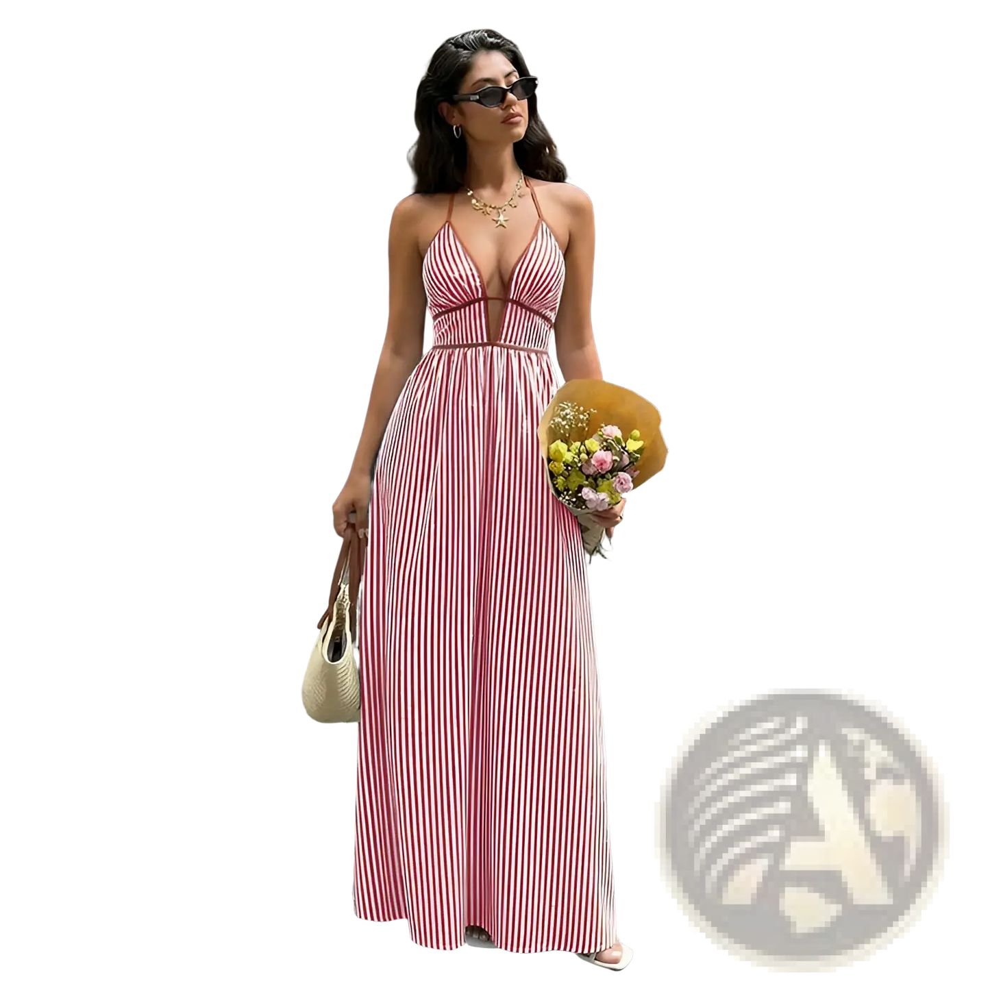 Striped v Neck Tie Back Summer Maxi Dress