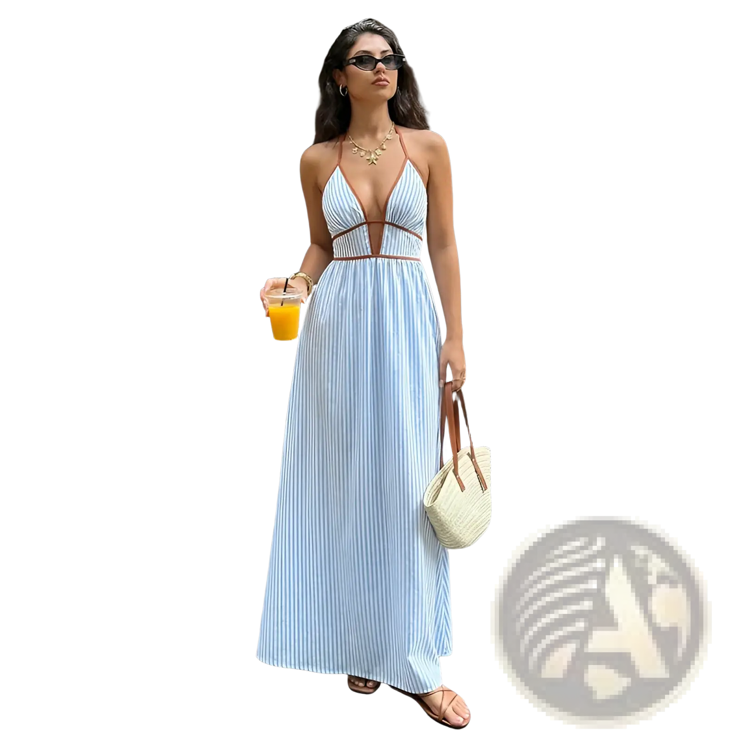Striped v Neck Tie Back Summer Maxi Dress