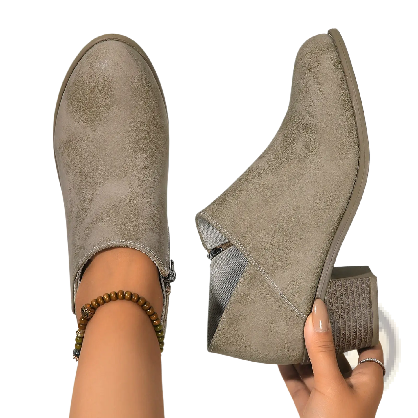Suede Ankle Boots with Chunky Heel and Side Zipper