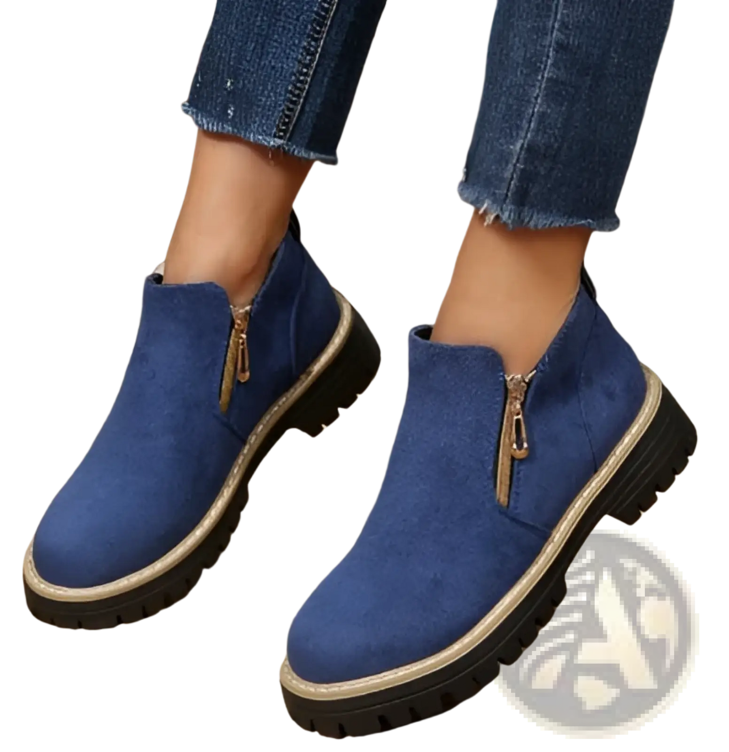 Suede Ankle Boots with Side Zipper and Chunky Sole