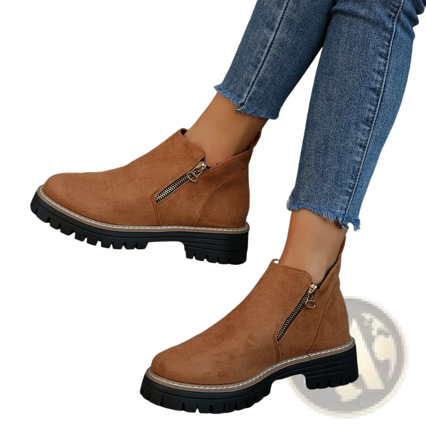 Suede Ankle Boots with Side Zipper and Chunky Sole