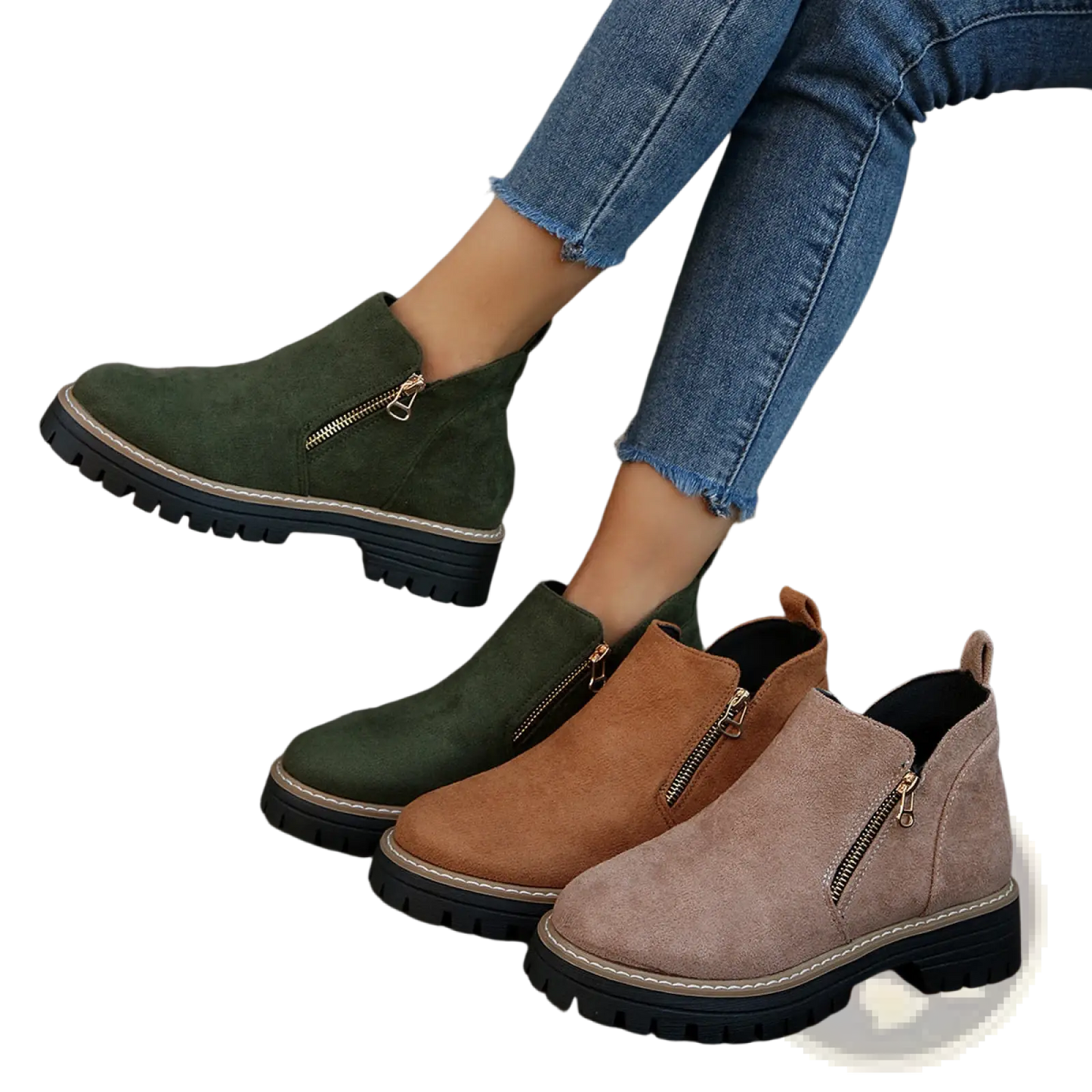 Suede Ankle Boots with Side Zipper and Chunky Sole