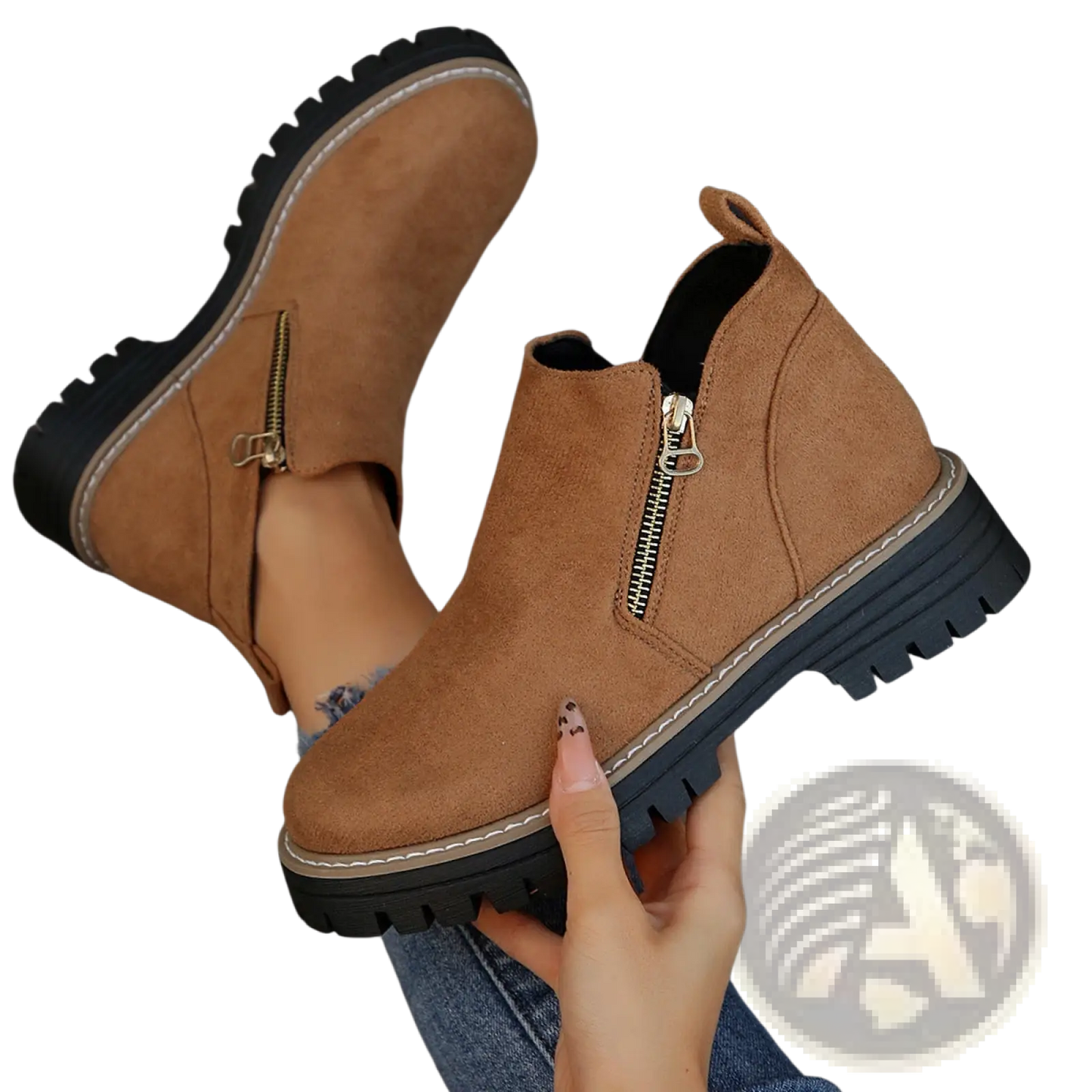 Suede Ankle Boots with Side Zipper and Chunky Sole