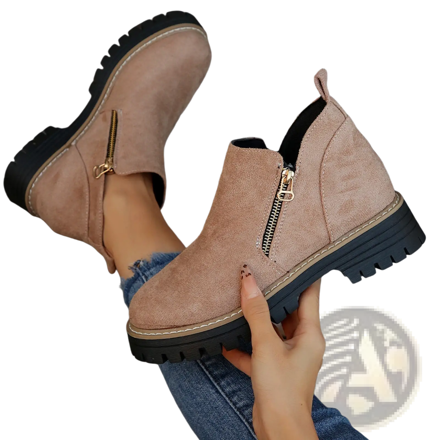 Suede Ankle Boots with Side Zipper and Chunky Sole
