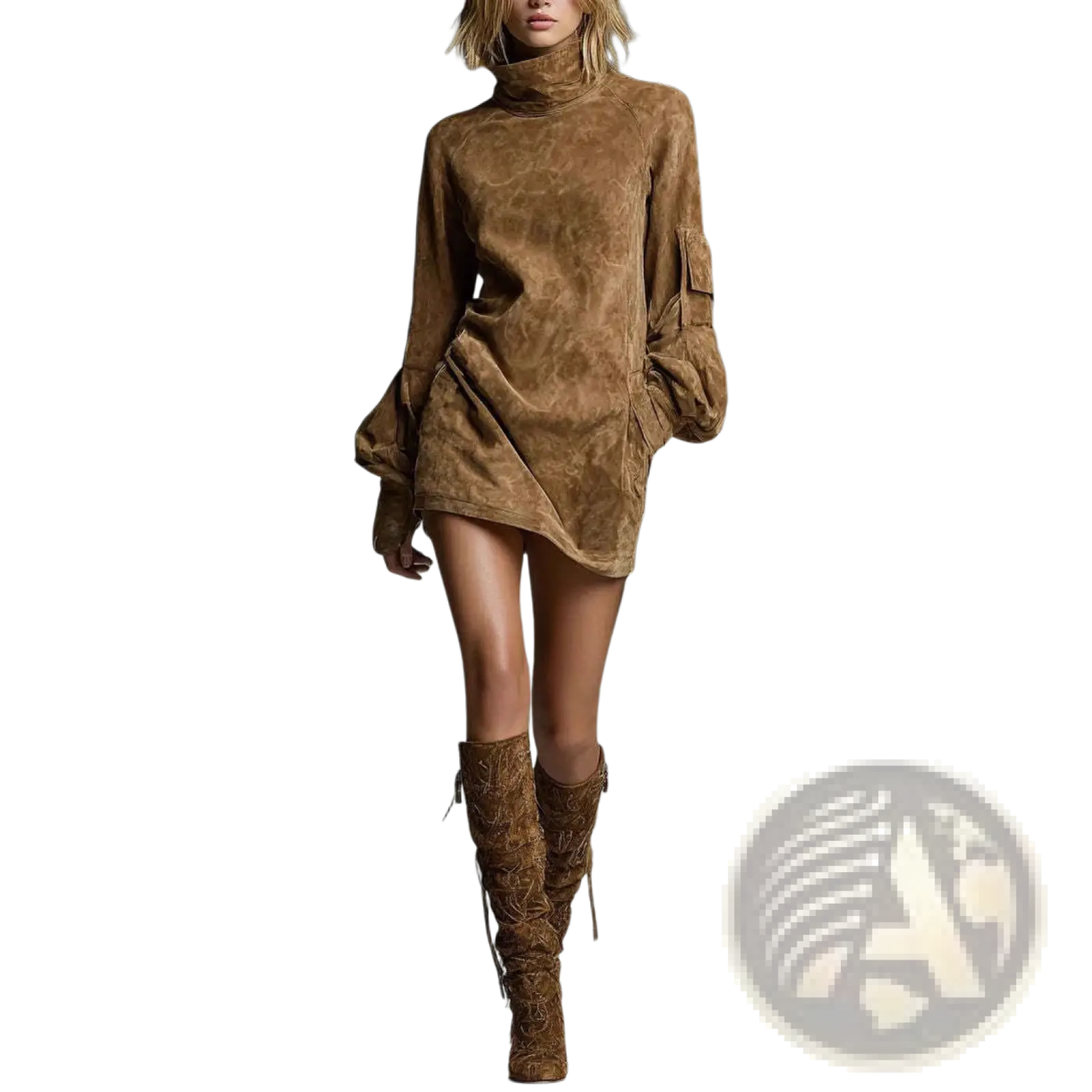 Suede Turtleneck Cargo Mini Dress with Long Sleeves