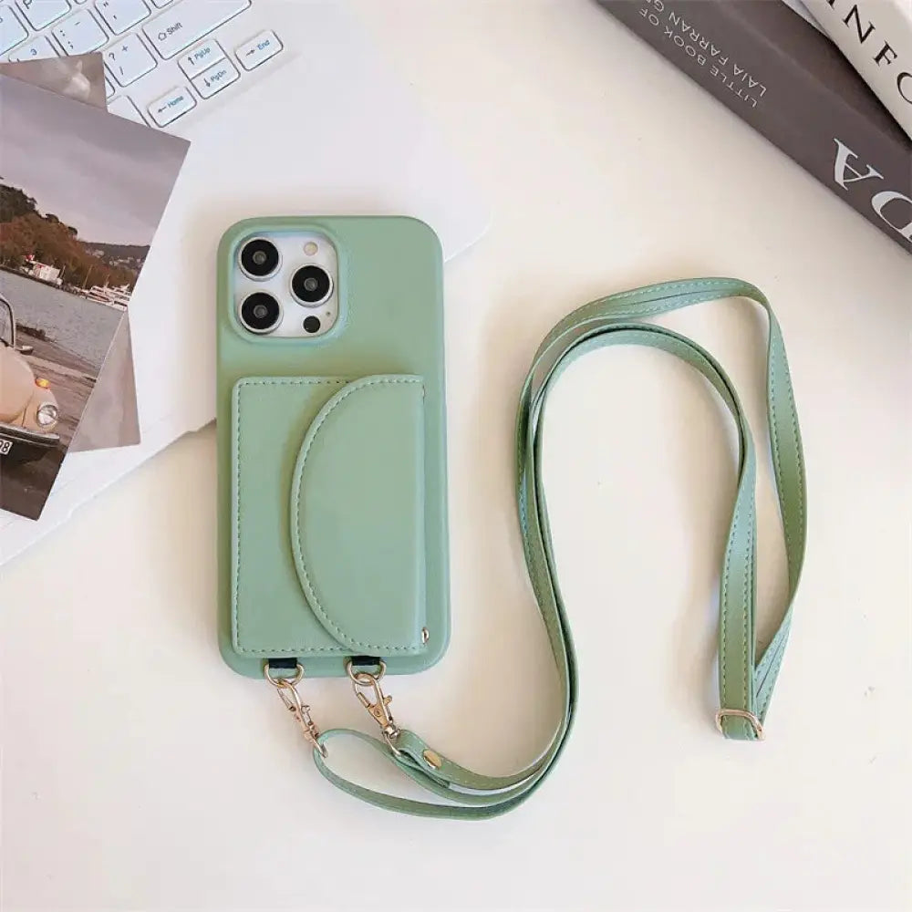 Litchi Leather Card Holder Phone Case with Lanyard