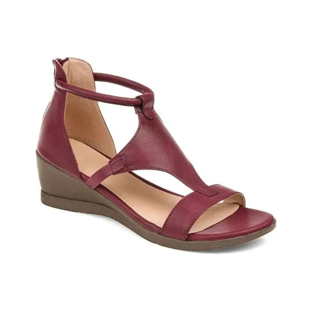Women's Leather and Suede T-strap Summer Wedge Sandals