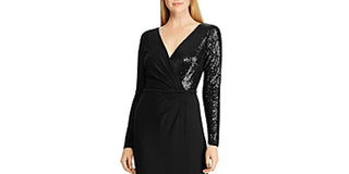 Vestido de noite longo com lantejoulas e manga comprida, preto, tamanho 12, da Lauren Ralph Lauren