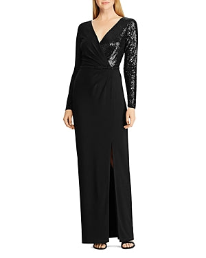 Vestido de noite longo com lantejoulas e manga comprida, preto, tamanho 12, da Lauren Ralph Lauren