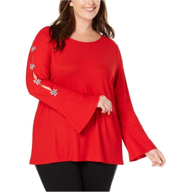Blusa feminina com mangas enfeitadas INC International Concepts - Vermelho, tamanho pequeno S
