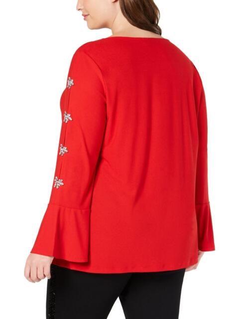 Blusa feminina com mangas enfeitadas INC International Concepts - Vermelho, tamanho pequeno S