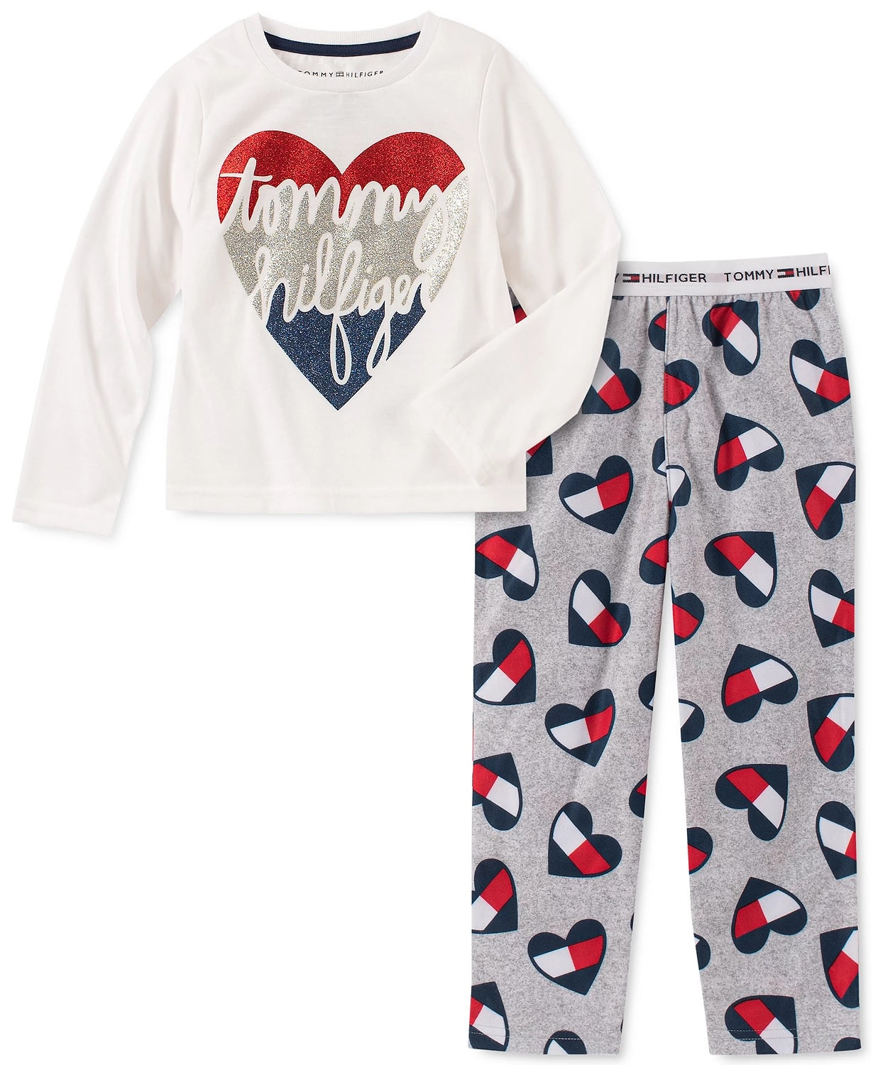 Conjunto de pijama Tommy Hilfiger para bebês meninas pequenas e grandes, 2 peças, com estampa de coração, branco, tamanho 6-7