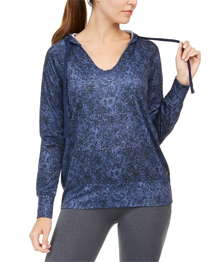 Ideology Moletom com capuz feminino estampado em python, gola V, azul marinho, tamanho pequeno